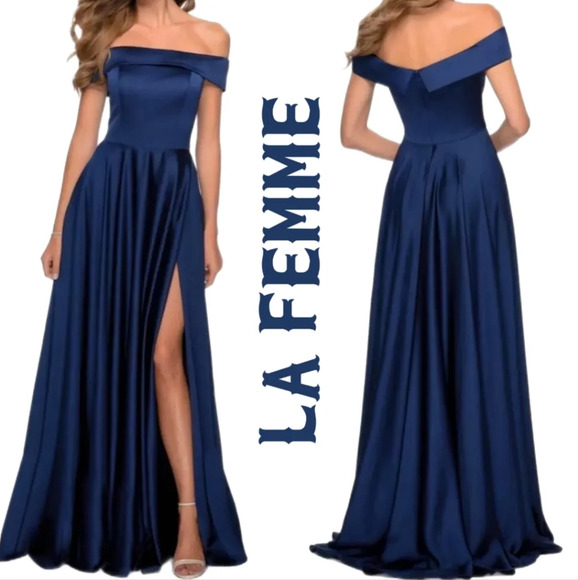 La Femme Womens Off The Shoulder Blue Satin Side Slit Evening Ball Gown Sz 2 - Picture 1 of 14